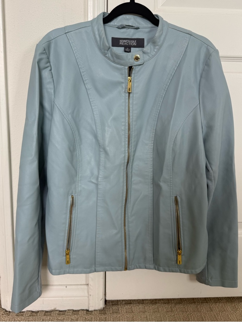 Kenneth Cole Reaction Women's Light Blue Faux Leather Zip Jacket
